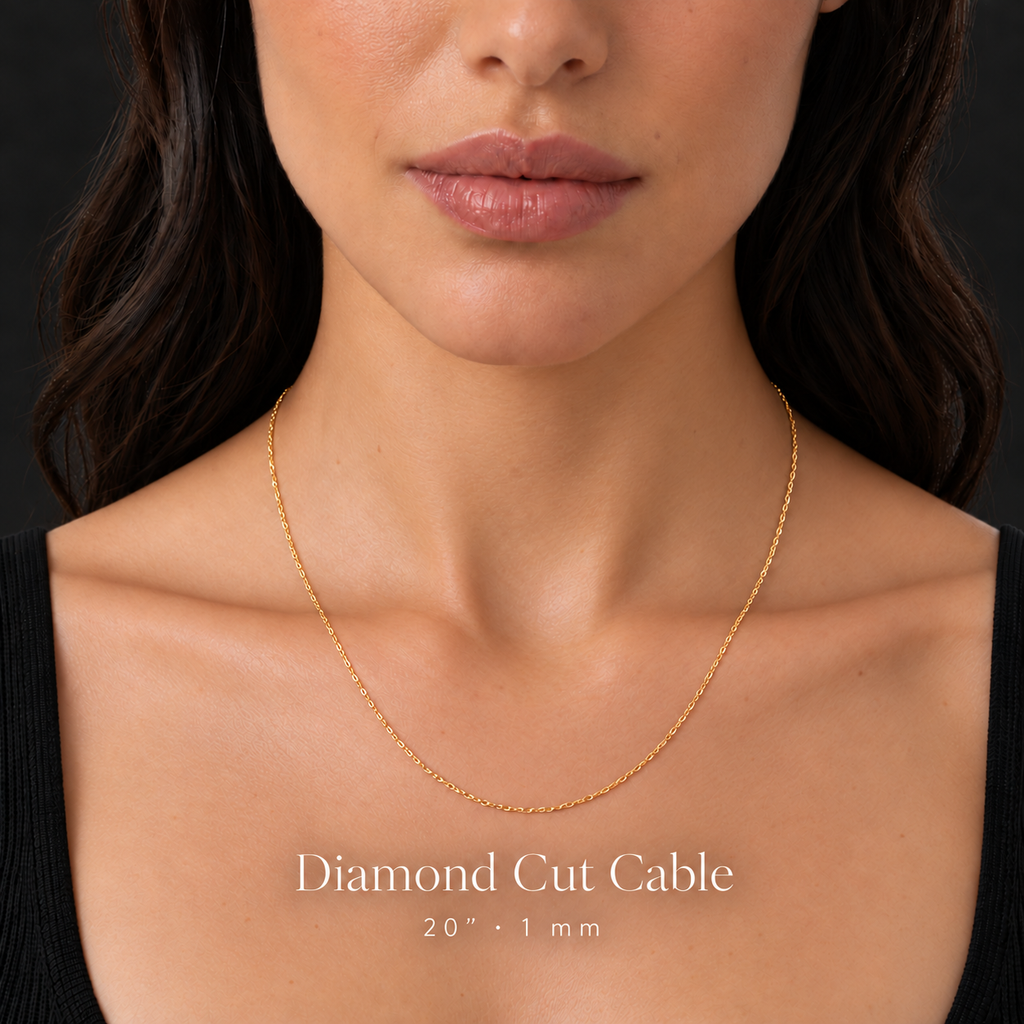 14K Solid Yellow Gold Italian Diamond Cut Cable Chain Necklace — 1mm & 1.5mm