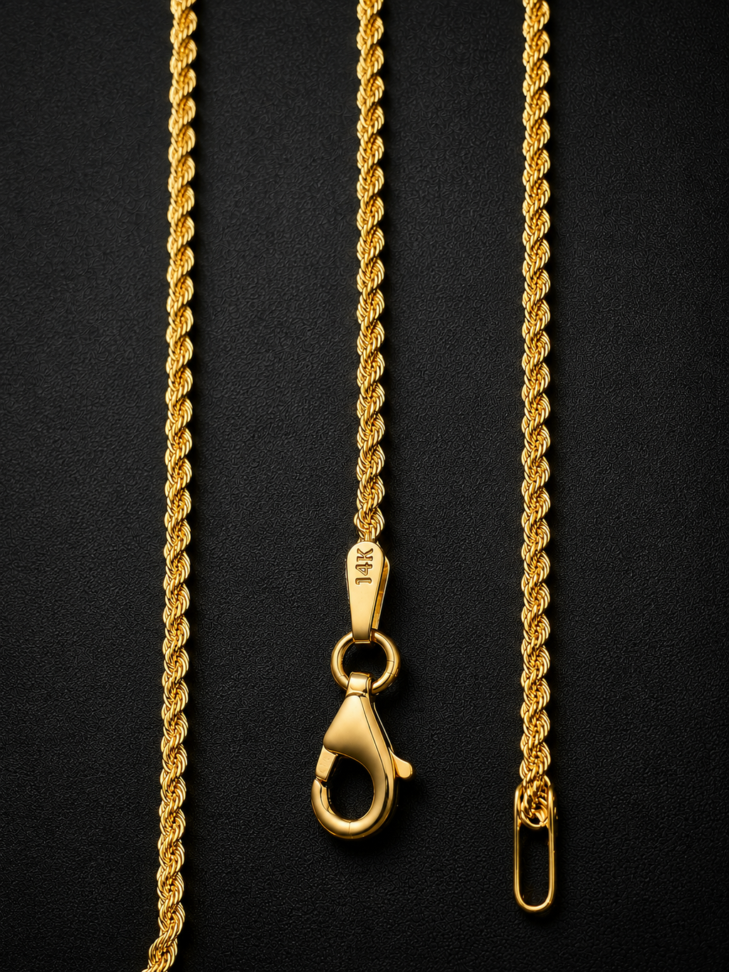 14K solid yellow gold Italian diamond-cut rope chain necklace with lobster clasp on black background