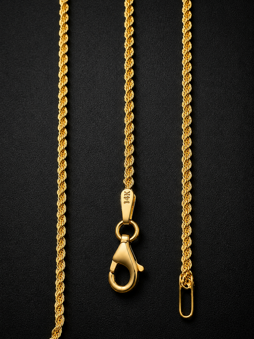 14K solid yellow gold Italian diamond-cut rope chain necklace with lobster clasp on black background